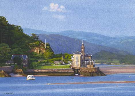 A watercolour painting of evening ligh across the Mawddach Estuary by Margaret Heath RSMA.